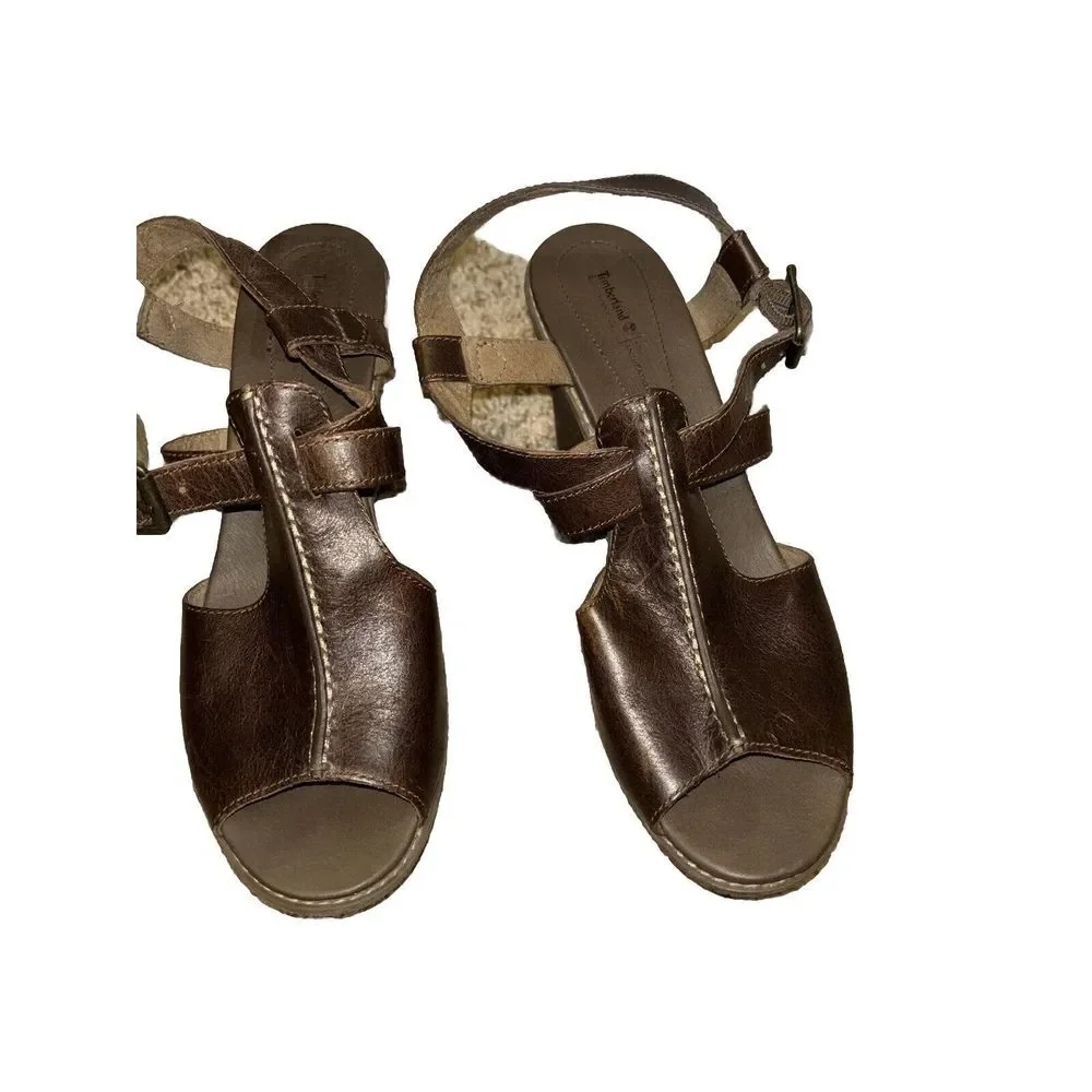 Timberland Earthkeepers Danforth Brown Wedge Leather Sandals Size 9 Anti-Fatigue
